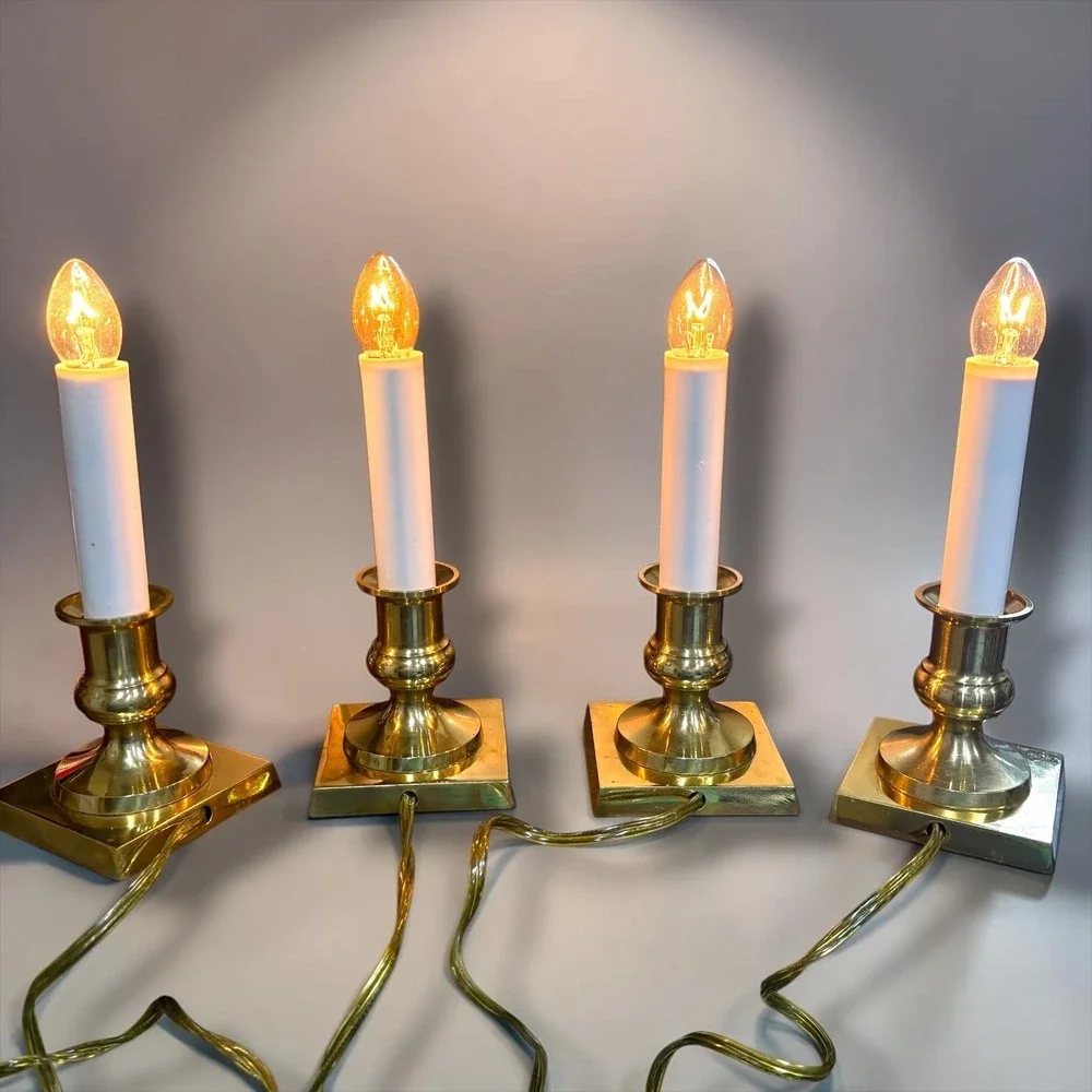 Vintage Brass Electric Window‎ Candles Set of 4 Square Base Holiday Decor Taiwan